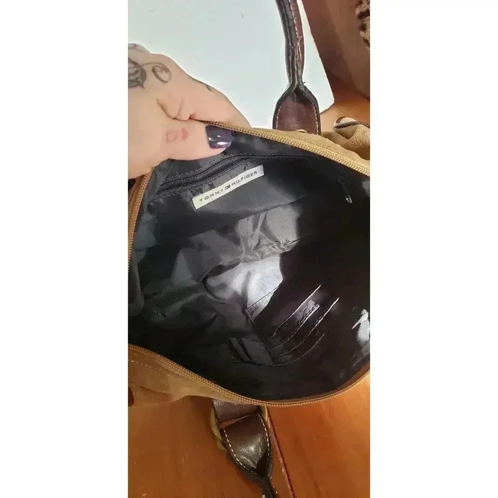 Tommy Hilfiger faux suede shoulder satchel bag small brown‎ faux leather - Picture 6 of 6